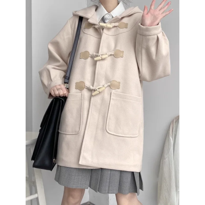 

2024 Autumn and Winter Cow Horn Buttoned Woolen Coat, Women's College Style Mid Length Hooded Coat