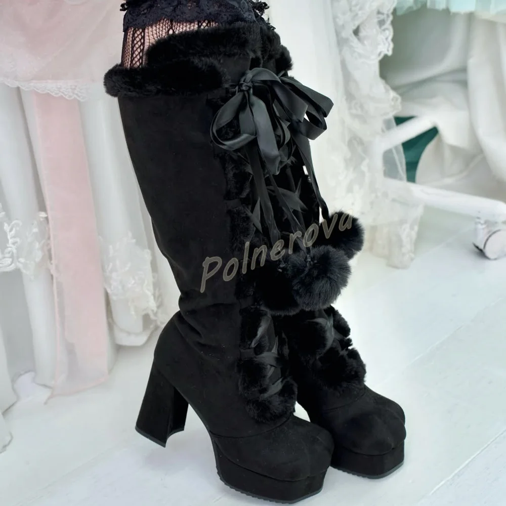 Women Sweet Lolita Knee High Boots Fur Trim Pom Pom Ribbon Lace Up Platform Block Heel Shoes Warm Winter Lovely Long Boots