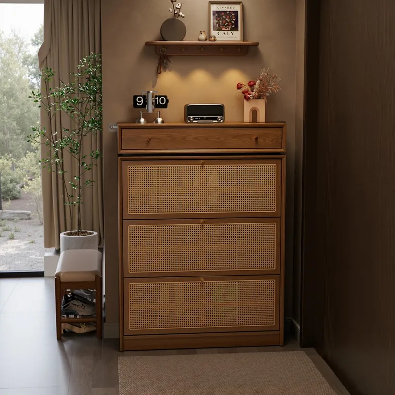 rattan solid wood ultra-thin shoe cabinet, home entrance entrance tipping bucket storage integrated against the wall new shoe