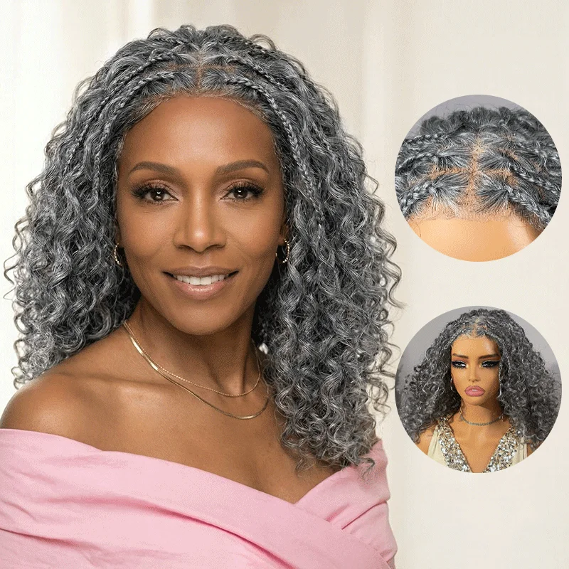 

Boho Braided Curly Human Hair Salt And Pepper Wig Glueless 5x5 Lace Closure Wig with Braided Top Silver Gray 100% Brazilian Hair