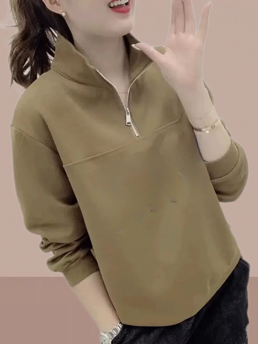 

Свободная женская толстовка с длинным рукавом, весенне-осенняя, модная, в корейском стиле, приталенная, универсальная, с воротником-стойкой, пуловер, базовая кофта-топ