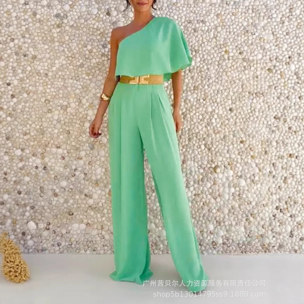

Women High Waist Solid Color Overall Pants One Shoulder Ruffles Jumpsuit with Mental Belt