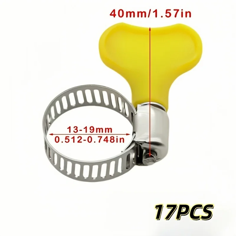 Stainless Steel Hose Clamp with Yellow Plastic Butterfly Handle,13-19mm Adjustable Worm Gear Pipe Clamp for Water Hose