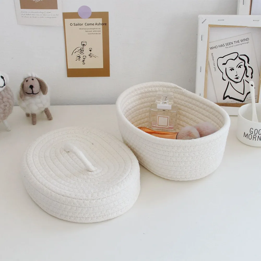 

Handmade Cotton Rope Storage Box With Lid Woven Design Storage Container Decorative Oval Shape Storage Bin Needles Storage