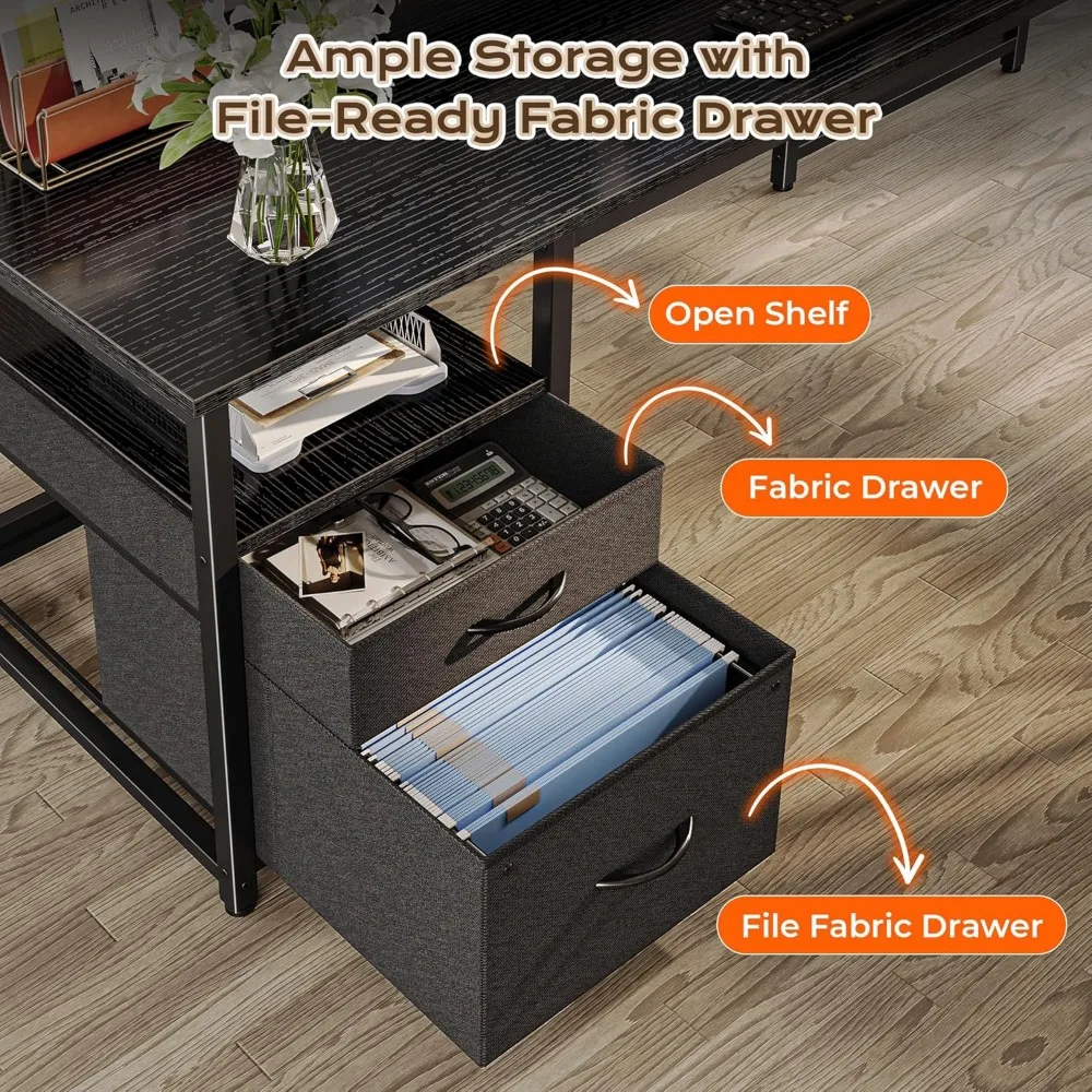 63 Escritorio grande en forma de L con puertos de alimentación y USB-C, escritorio moderno de oficina en casa con cajones de almacenamiento para configuración de computadora