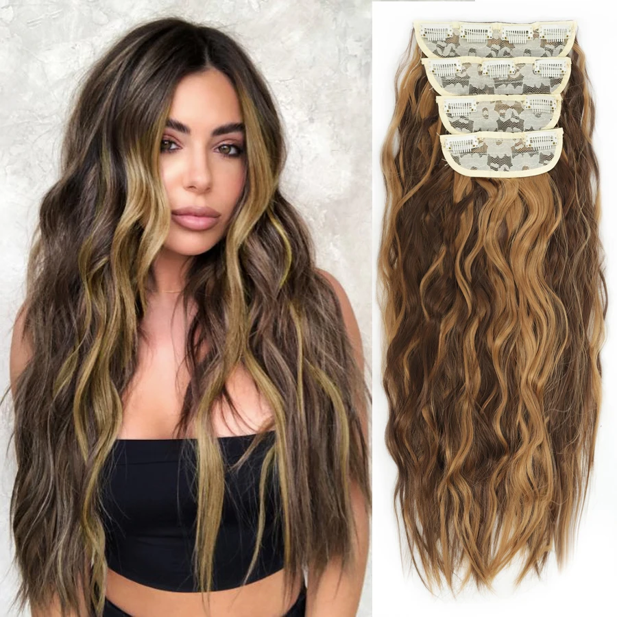 Long synthetic 4pcs/set clip in hair extenstion 20inch water wave 11clips Wavy Hairpiece Clip On Hair Extensions Heat Resistant