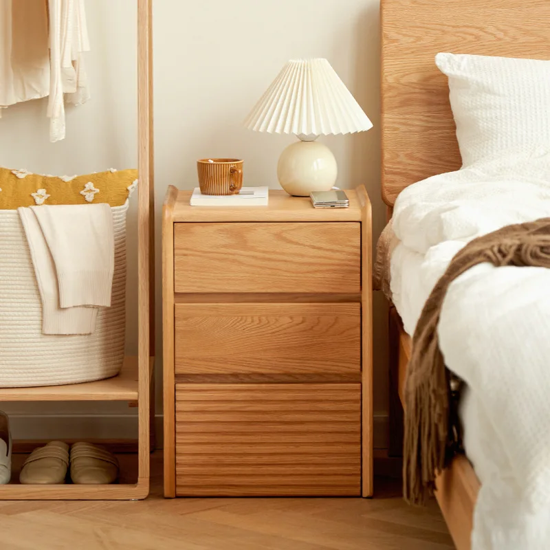 Red Oak solid wood bedside table Japanese-style movable bedside table Small apartment Modern simple under-table cabinet