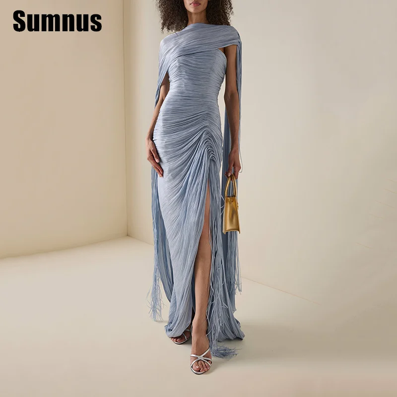 

Sumnus Modern Mermaid Prom Dress Sky Blue Pleats Strapless Cape High Slit Party Dresses Evening Dress With Train Customized