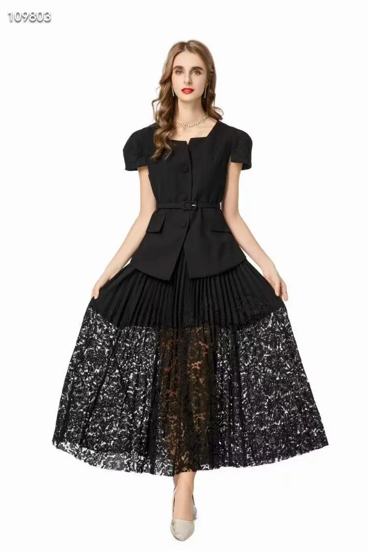 New Commuter Style Square Collar Single Breasted Short Sleeve+Belt Top+Elastic Waist pleated Spliced Lace Half Skirt 2-piece Set