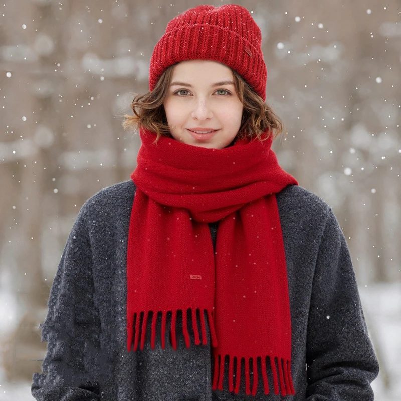 3pcs winter beanies long scarf gloves for women knitted winter hats set solid color red white khaki black gray