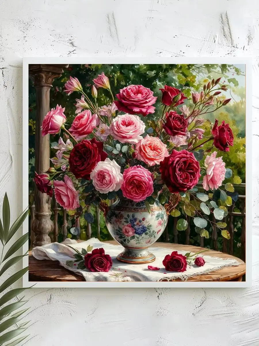 1 Stück 40x40 cm/15,74 Zoll, 11Ct/14Ct Kreuzstich-Set, DIY Valentinstagsgeschenk, Stickerei-Set für Festlichkeiten, Rosen in Porzellanvase – Detail 1