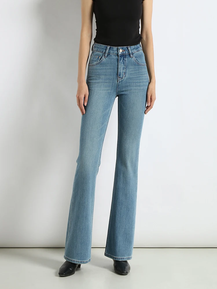 

Женские джинсы-клеш с высокой талией, облегающие, весенне-осенние, мягкие, эластичные в четырех направлениях, без драпировки, длинные, из денима