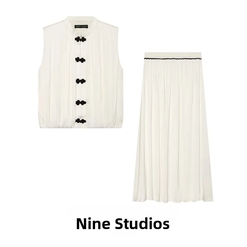 NINE ZAR Women's Fashion Set Silk Satin Texture Knot Button Midi Skirt Color Block Top Bottom Summer Season round Neck Vest