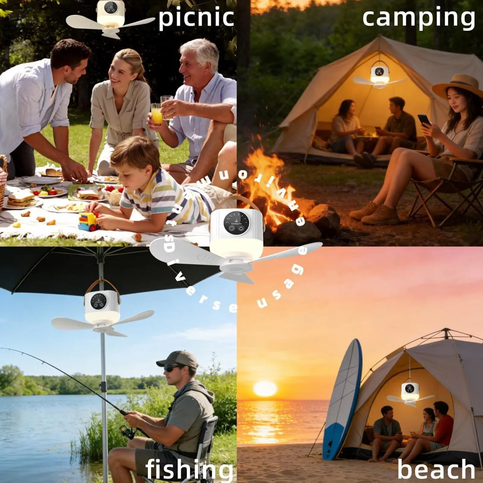 New Portable Ceiling Fan Wireless USB Rechargeable Hanging Fan with light for Student Dorm Bed Outdoor Camping