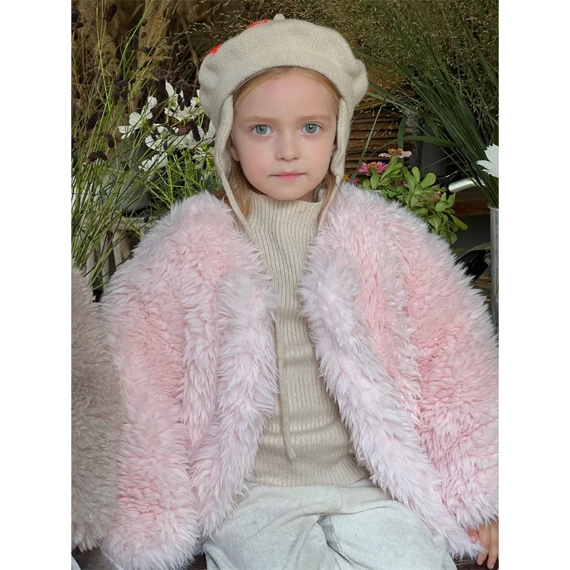 

Children Clothing Girls Coat 2023 Winter New Fashionable Premium Fur Coat Girls Medium Length Woolen Padded Warm Kids Coat