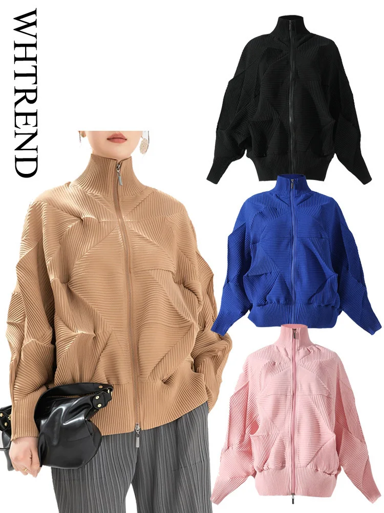 

WHTREND плиссированная куртка на молнии, пальто с рукавами «летучая мышь», свободные складки, шикарный стиль, женские модные пальто WH1955