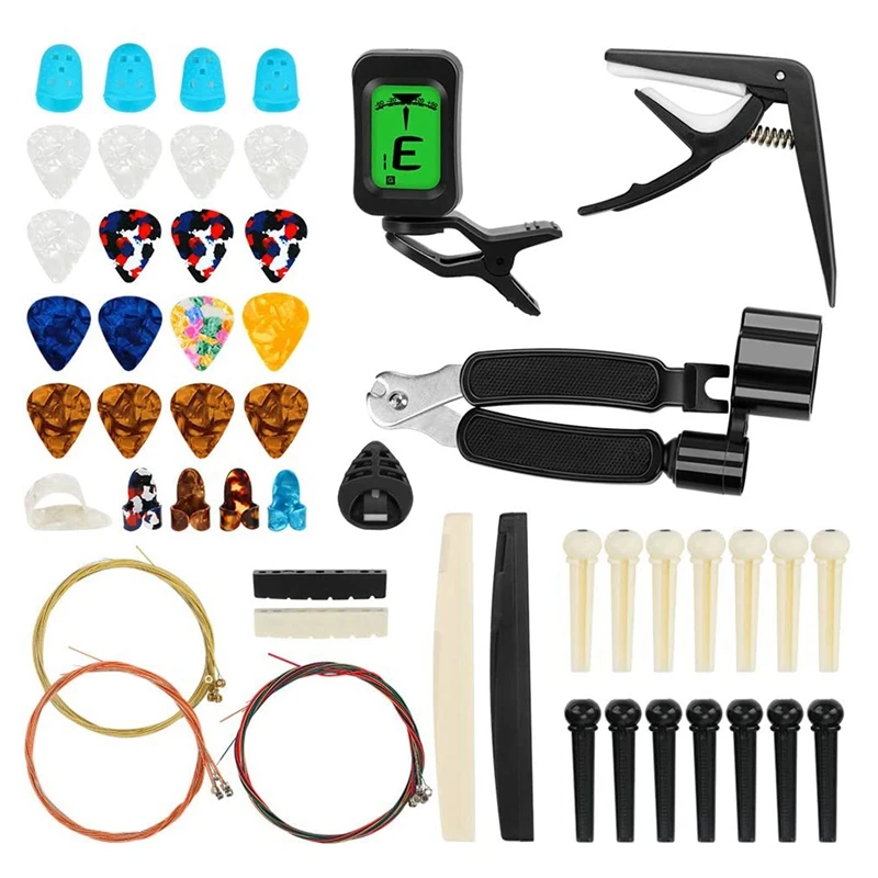 Kit de accesorios para guitarra, 65 piezas, con cuerdas de guitarra, sintonizador, Capo, púas, soporte para púas, púas de dedo pulgar, clavijas de puente