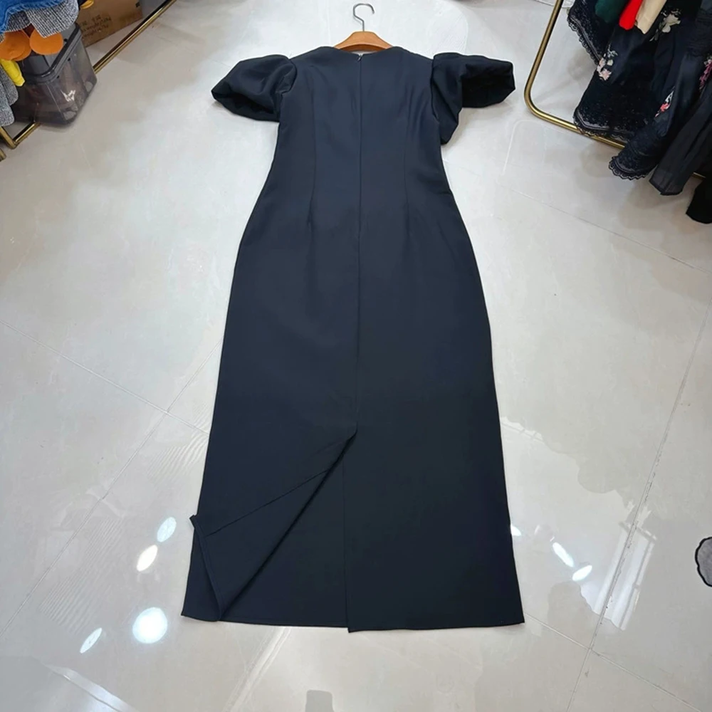 Verano cuello redondo letra negra falda larga a la cadera diseño retro flor tridimensional vestido de manga abombada-GZXX307