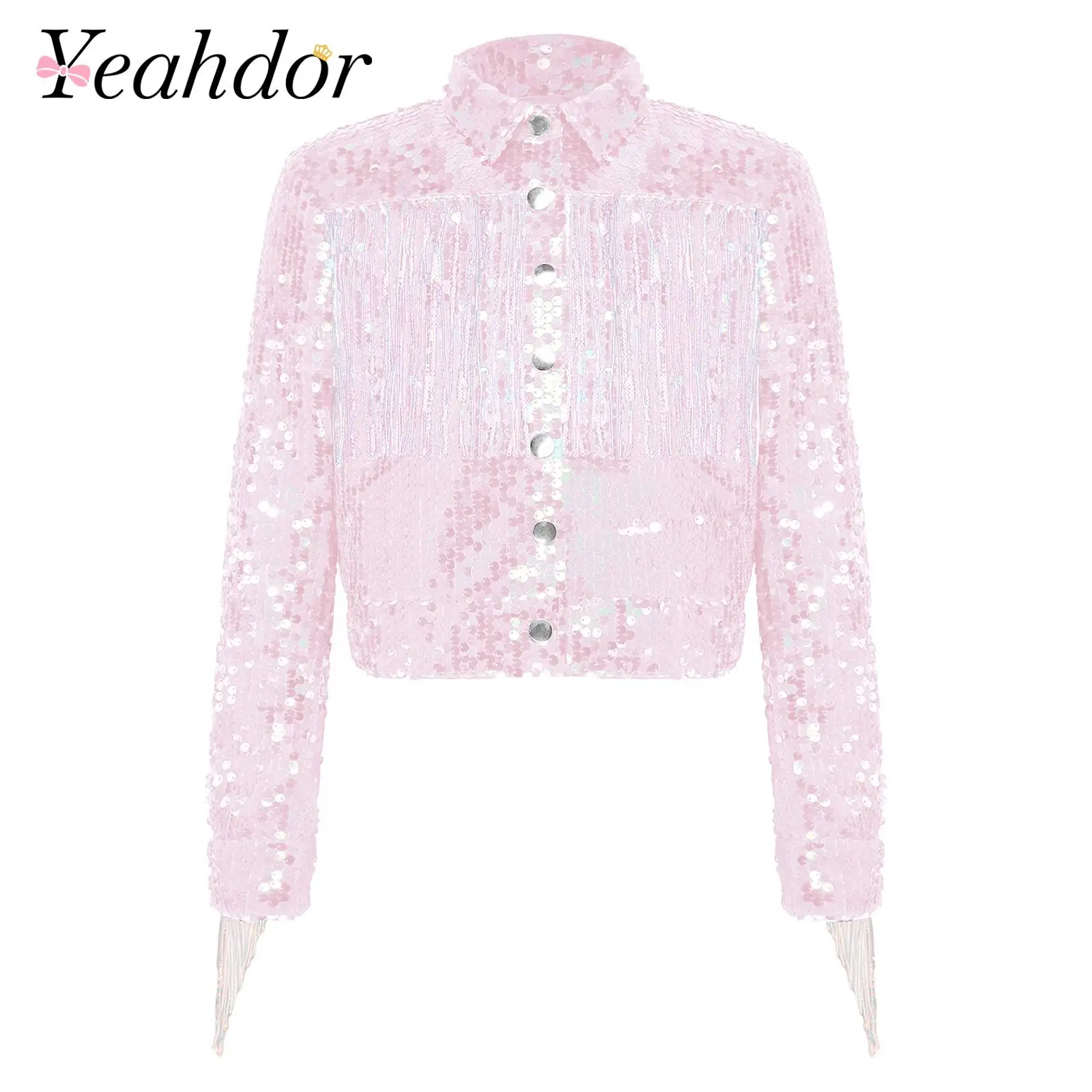 

Kids Girls Sequin Fringed Crop Jacket Disco Costume Fashion Children Lapel Tassel Jackets Sparkly Outerwear for Jazz Dance Party
