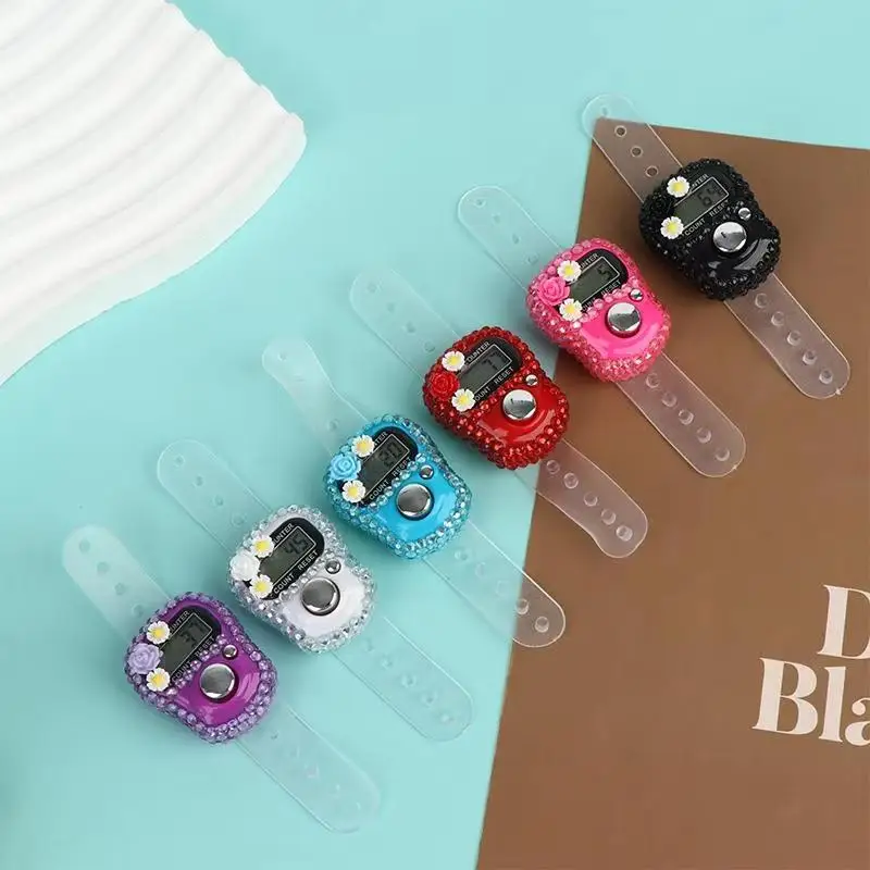 Mini Digital Finger Tally LCD Counter Reset With Flowers For Prayer Knitting Sport Counting