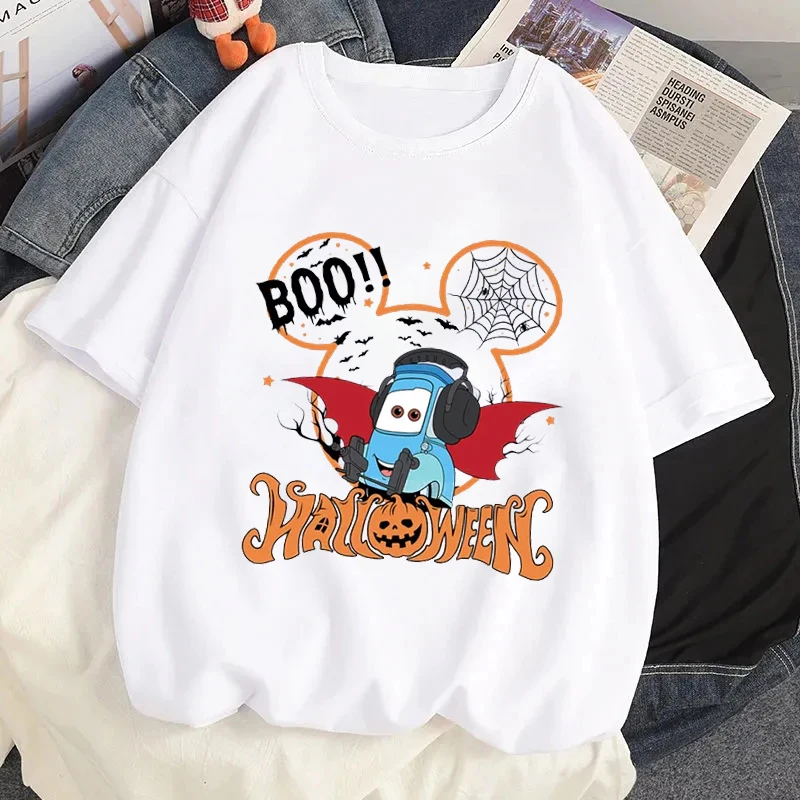 Camiseta con estampado de coche Pixar Lightning McQueen 95, camisetas gráficas de calabaza de Halloween, camisetas informales con cuello redondo para mujer de verano