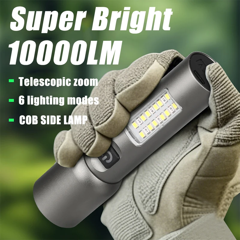 Ultra Bright Portable LED Flashlight Type-c Rechargeable COB Side Light Outdoor Tactical Torch Emergency Lighting Lantern