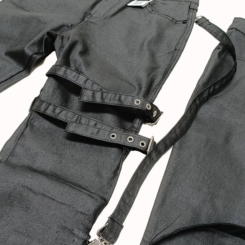 HKSH ربيع الخريف جديد الرجال المد الشرير فيبي الدانتيل متابعة المغلفة الدنيم السراويل مشمع مشبك معدني متوهج الشرير جينز أنيق ريترو HK14790