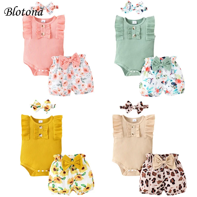 

Blotona Baby Girl Summer Set, Sleeveless Frill Trim Ribbed Romper + Elastic Waist Shorts + Bow Headband Infant 3Pcs Outfit 0-18M