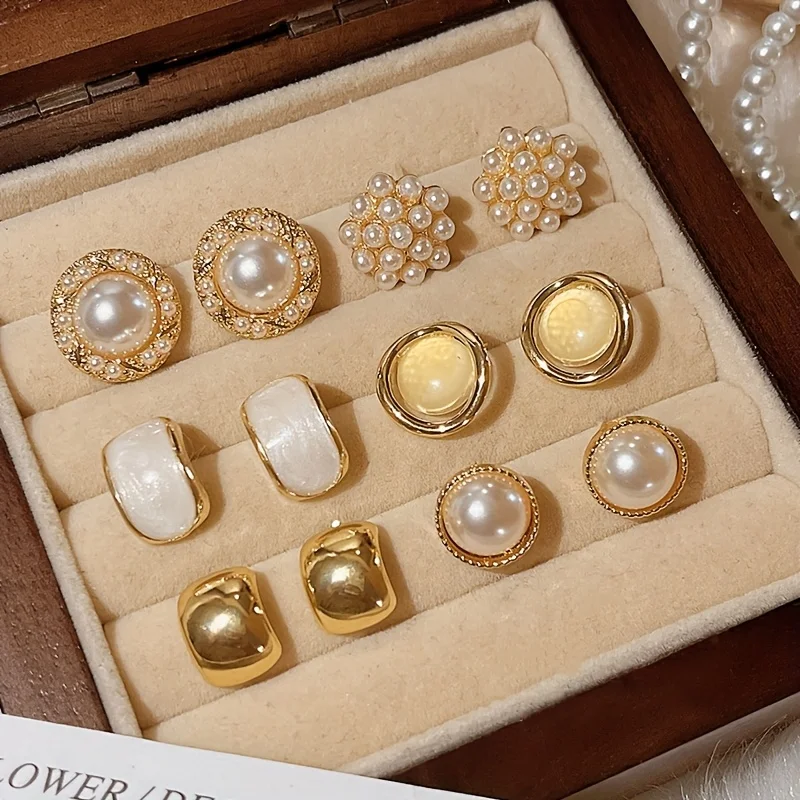 12 Pieces/set of Elegant Temperament Imitation Pearl Round Square Earrings, Women's Daily Wear Holiday Accessories Gifts