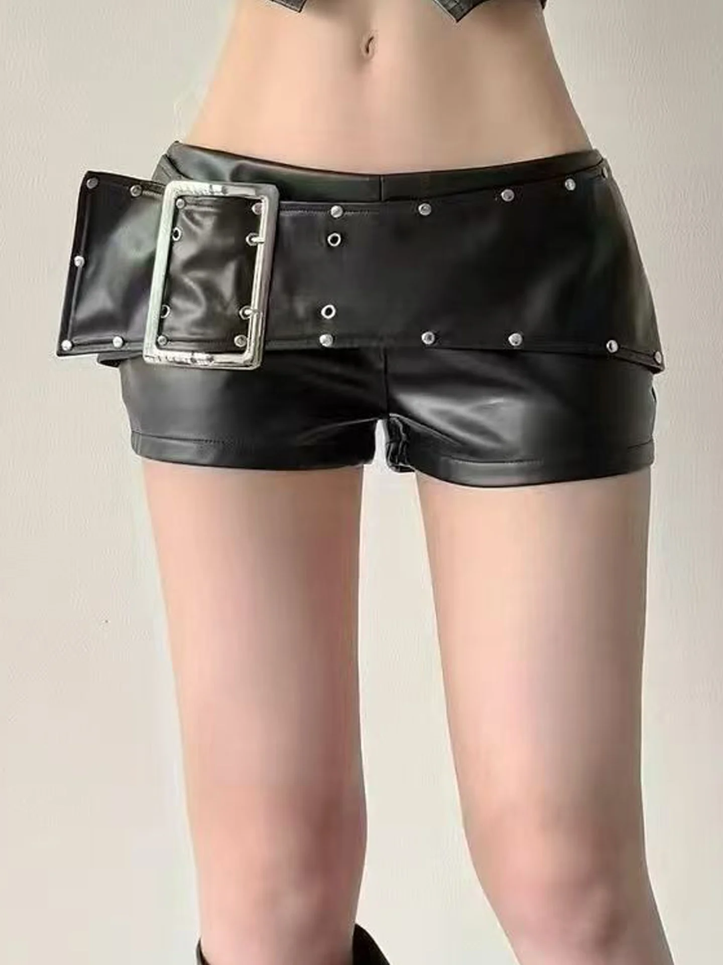 

Low Waist PU Leather orts Women's Faion Design Bule Decorated Rivet Casual Pants Slimming Straight Leggings