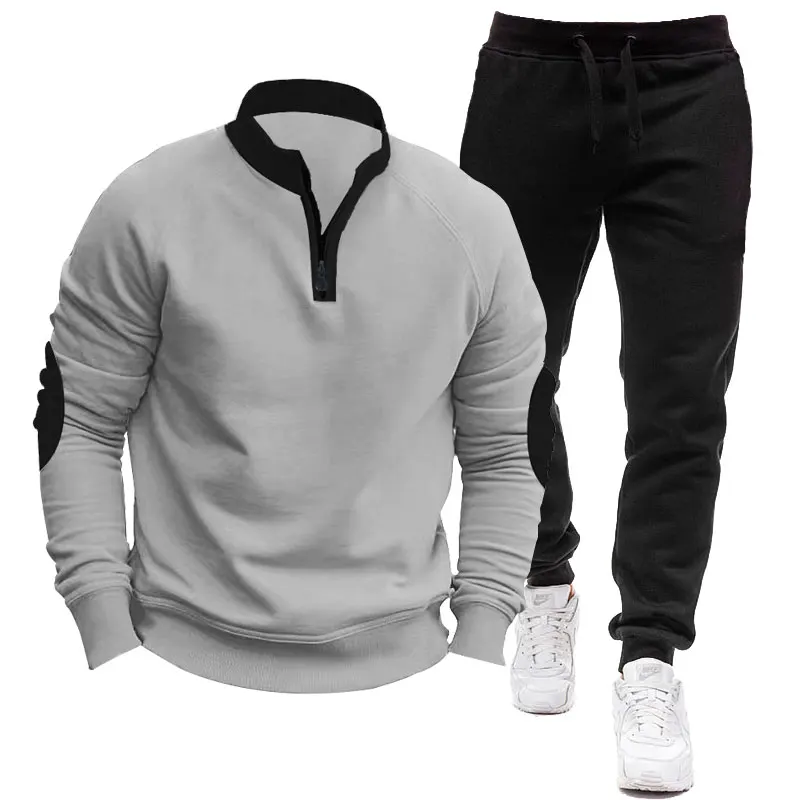 Fall/winter New Men's Tracksuit Outdoor Sports Casual Fleece Lining Hoodie + Sweatpants 2-piece Fashion Patchwork Patch Designe