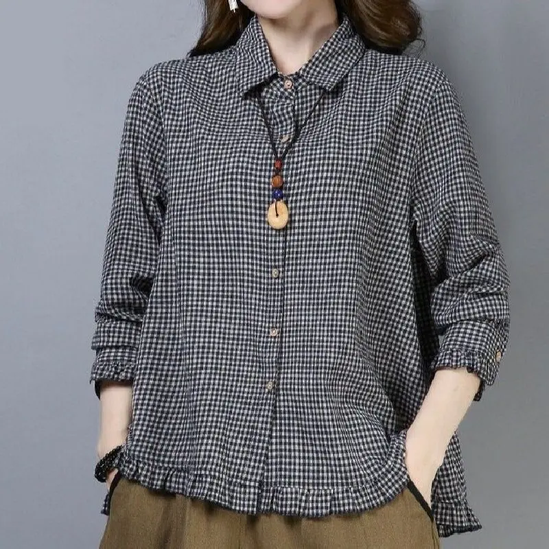 Spring Autumn Plaid Shirt For Women 2025 New Loose Versatile Long Sleeved Top Elegant Ruffle Edge Lapel Single-breasted Jacket