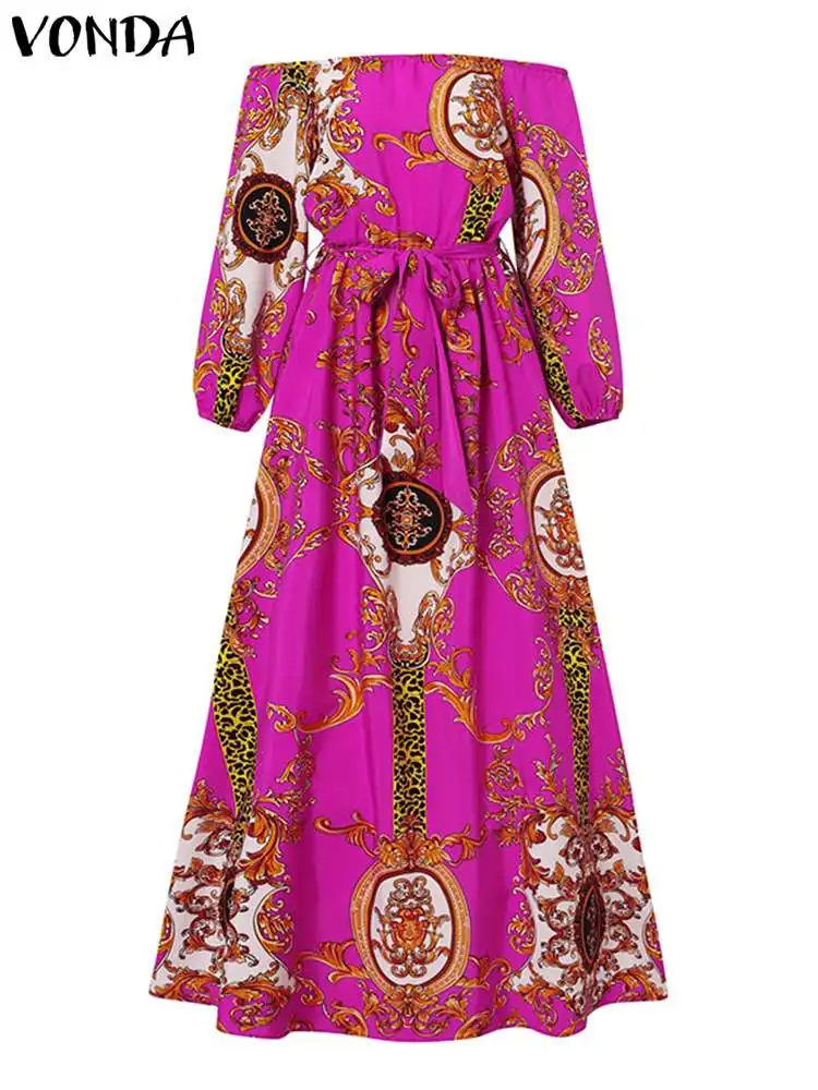 VONDA Bohemian Maxi Robe Women Printed Party Dress 2023 Sexy Off Shoulder Long Lantern Sleeve Sundress Belted Vintage Vestidos