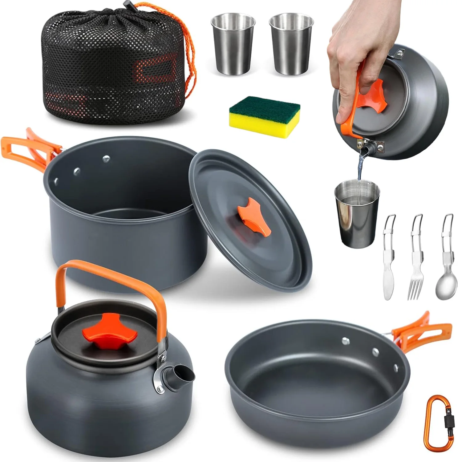 8-teiliges Camping-Kochgeschirr-Set inklusive Topf, Pfanne, Wasserkessel, 2 Sets Edelstahlbecher, Teller, Gabeln, Messer, Löffel, tragbares Outdoor-Kochset für Wandern, Backpacking, Picknick