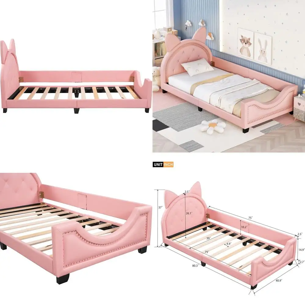 

Двуспальная кровать-софа с деревянными ушками в виде кошачьих ушей, обивка из искусственной кожи, деревянная платформа, деревянные ламели для спальни (розовый, кошачьи уши)