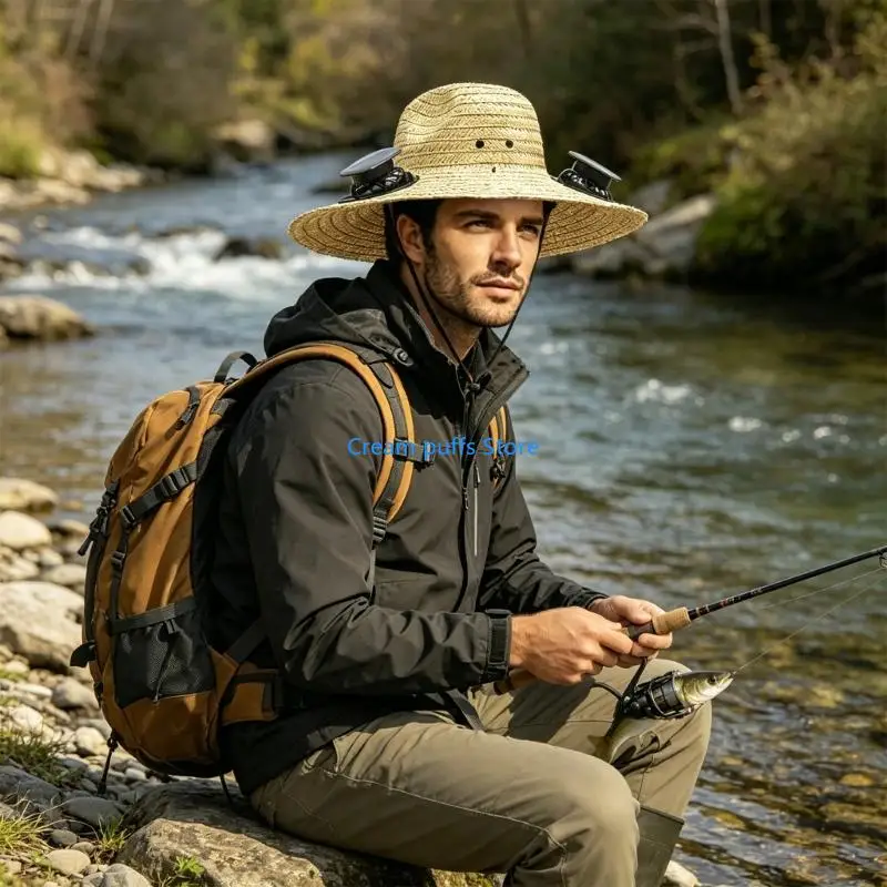 50LE Summer Straw Hat Solar Energy Operated Solar Ventilation Fan Adjustable Solar Fan Drawstring Sports Hat