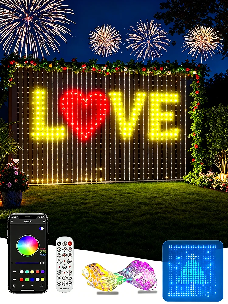 400LED Smart Curtain Lights, RGBIC Color Changing Christmas Lights String Dimmable DIY Patterns with Music for Bedroom Courtyard