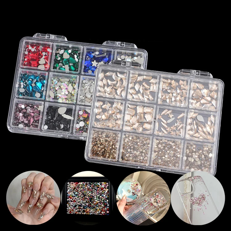 12 Grid Luxury Rhinestone Nail Art Jewelry Set Glass Nail Crystals Box Cristales Original 3D Flat Glass Shaped Nail Gems