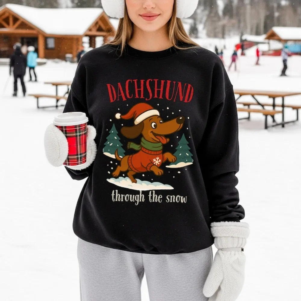 Dachshund Through The Snow Hoodie Christmas Dog Sweatshirt Festive Sausage Dog Tracksuit Holiday Wiener Essentials Hoodie