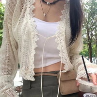 Lace Knit Hollow Out Cardigan Women Thin Long Sleeve Sunproof Cropped Top Summer Solid Vintage Crochet Sweater