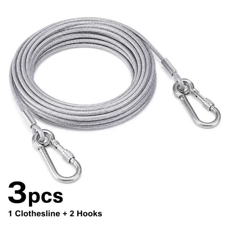 Portable Metal Laundry Clothesline, Coated Wire Rope With Locking Hooks And Reinforced Ring Connections, For Courtyard, Camping