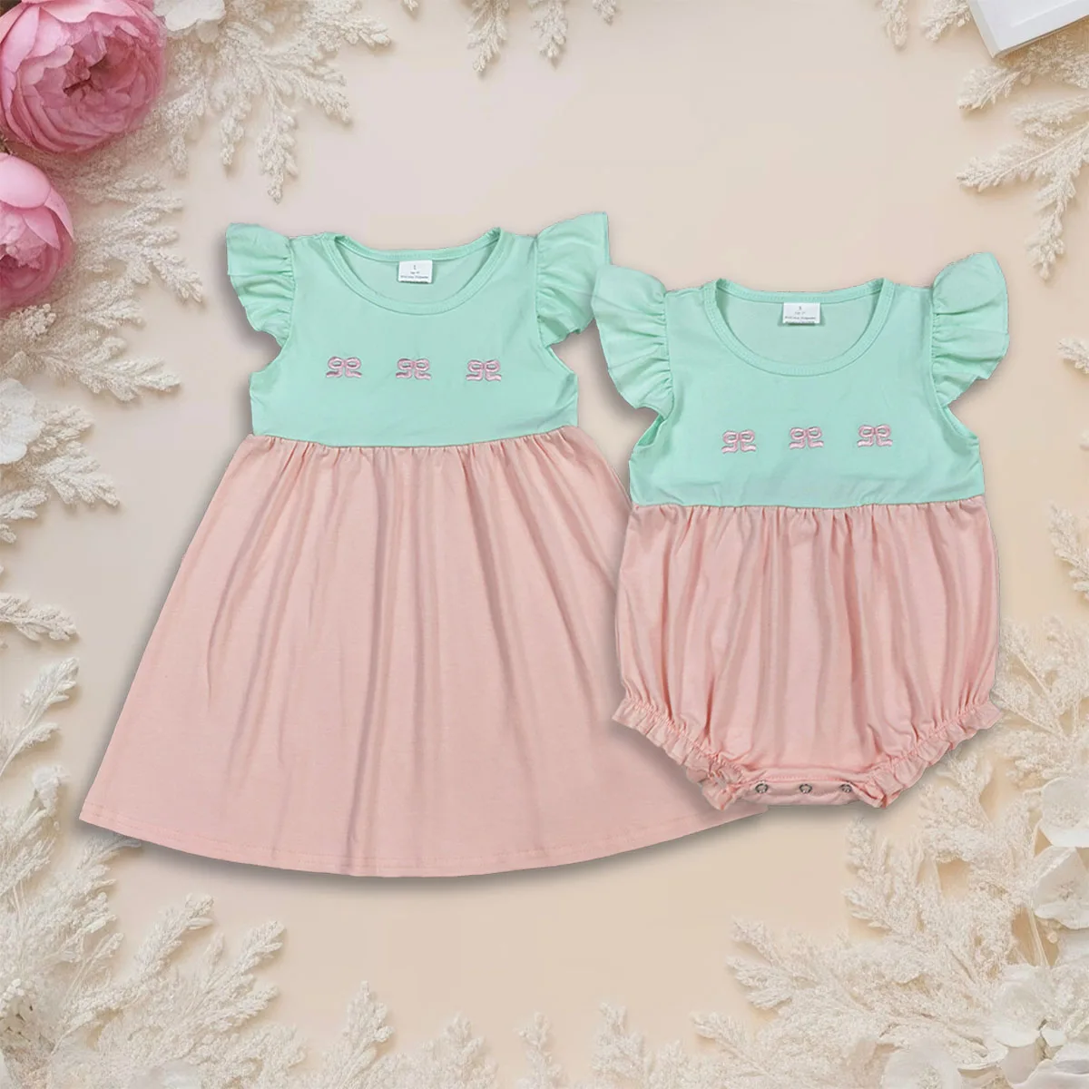 

Summer Baby Rompers Girls Knee Length Dress Embroidery Bows Flutter Sleeve Patchwork Children Clothing Toddler Clothes Wholesale