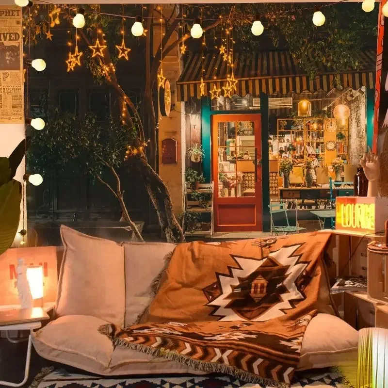 VIKAMA Coffee Shop Evening Street Horizontal Tapestry Wall Hanging for Wall Decor Cozy Aesthetic Hippie Bohemian Home Decor