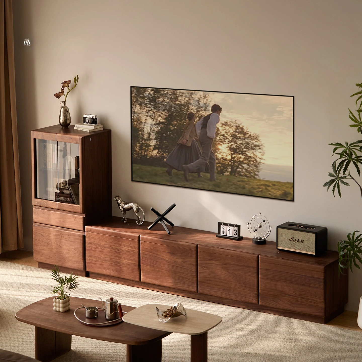North American Black Walnut TV Cabinet Modern Simple Floor-to-ceiling Living Room Solid Wood Home Combination Cabinet Storage Co