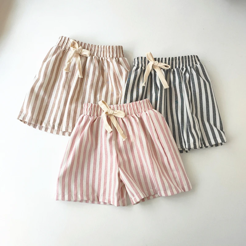 Vintage Linen Cotton Stripe Girls Pants for Toddler Kids Boys Summer Casual Trousers Children\'s Clothing