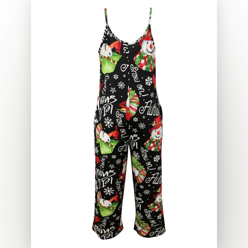 Christmas themed print sexy V-neck halter print romper with pocket slacks for ladies