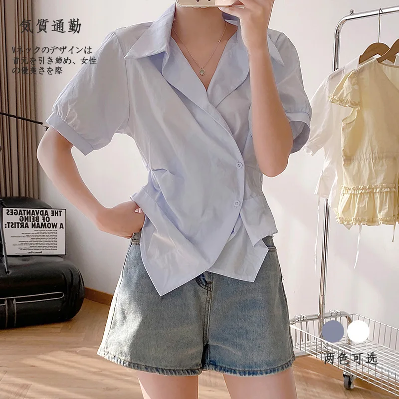 

Японская летняя новая дизайнерская однотонная рубашка с короткими рукавами и обтягивающей талией, универсальный топ для поездок на работу