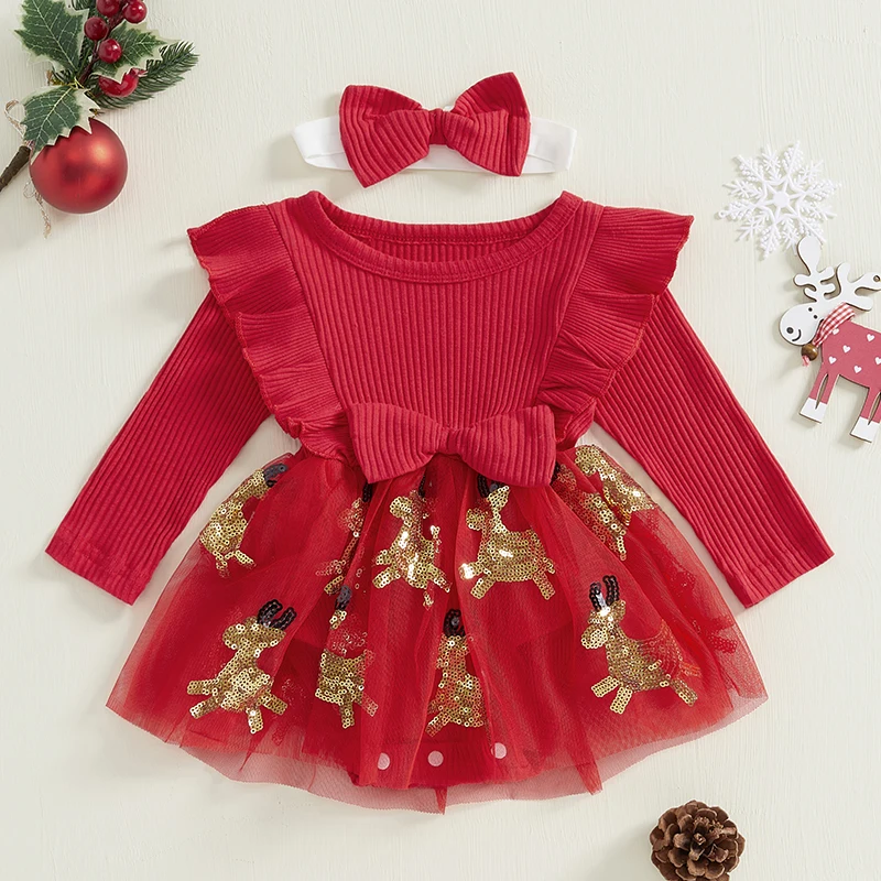 

Cute Baby Girls Christmas Romper Dress 0-24 months Long Sleeve Sequined Deer Jumpsuits with Headband Clothing Set