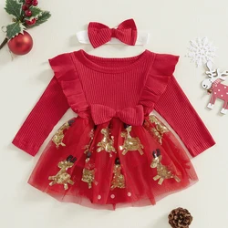 Cute Baby Girls Christmas Romper Dress 0-24 months Long Sleeve Sequined Deer Jumpsuits with Headband Clothing Set