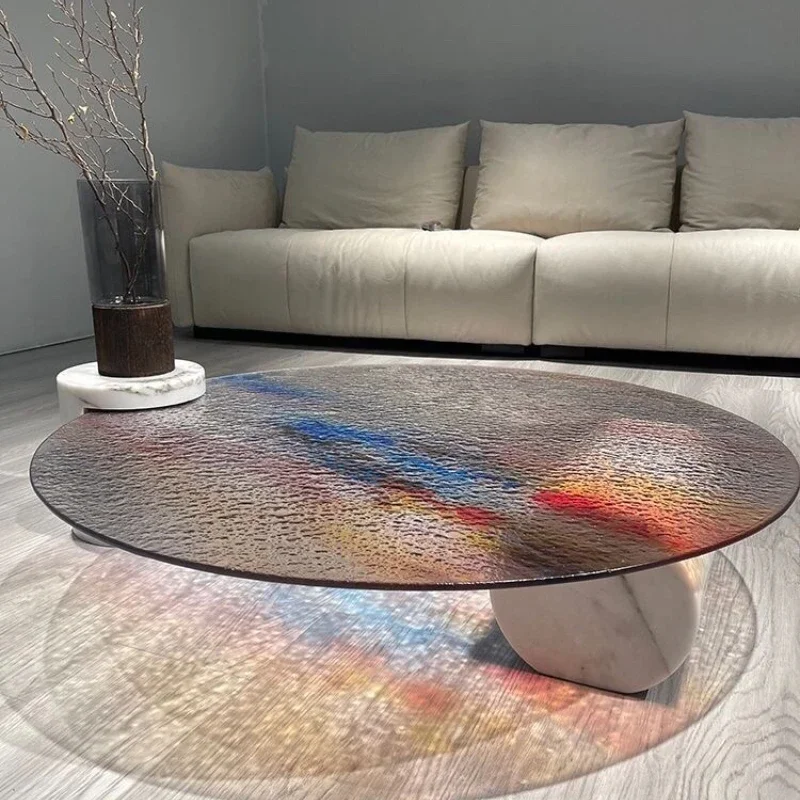 

Modern Simple round Large and Small Apartment Type Living Room Home Marble Water Ripple Tempered Glass Tea Table